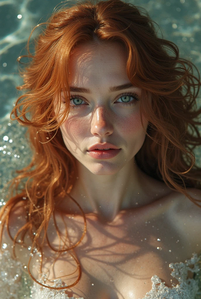 (sharp focus:1.2), photo, (a 22 year old girl), (beautiful detailed face:1.2), detailed eyes, inquisitive eyes, long ginger hair, (freckles), (beautiful skin), in the sea, ((immersed in water up to her chin)), (wide angle), ((sunset)) , (((((looking at viewer))))), faint smile, clear water, --auto --s2