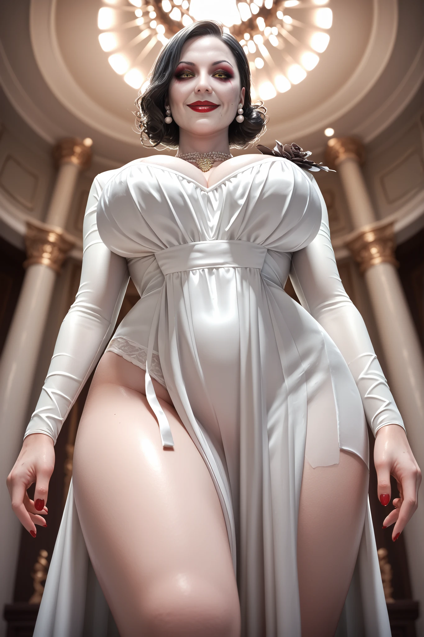 Perfect lips, perfect eyes, 1 old women, matured, black short hair, thick biceps, muscular body, bulky, bulk body, thick thighs, white gown, in mansion, at night