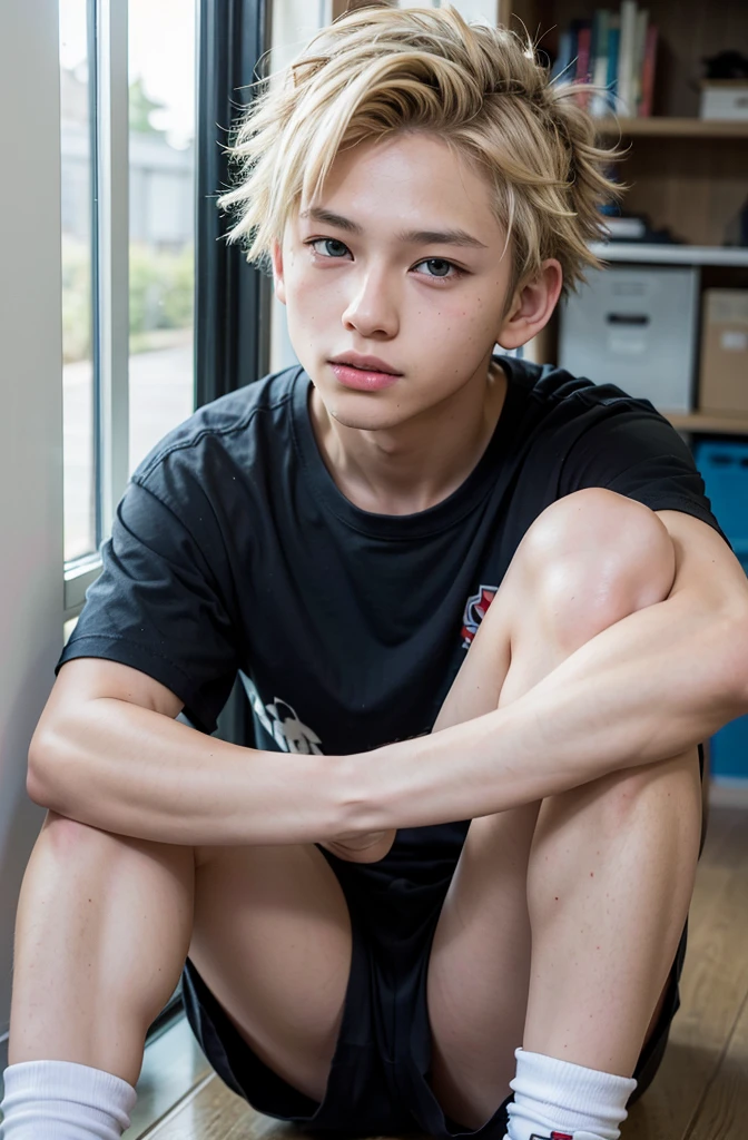 Japanese high school boy、15 years old、Well-developed muscles and smooth skin、Pale blonde hair, spiky like Bakugou、Light red boxer briefs、The whole body is visible from toes to head、In the forest barn、Hero Academy、Bold Smile、looking at the camera