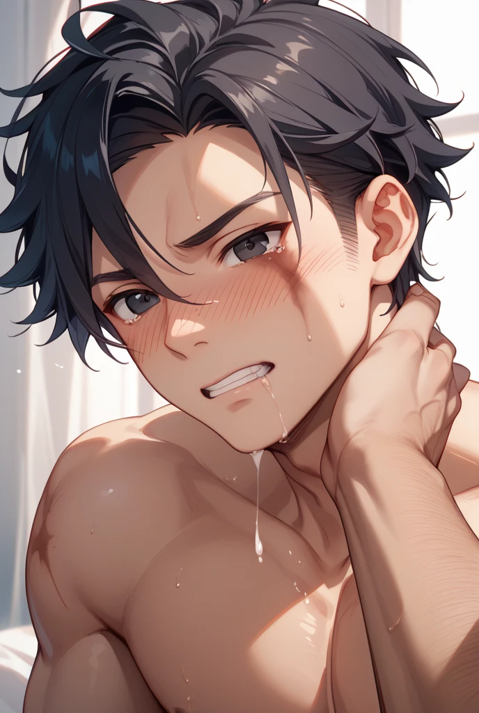 1 boy, anime style photo of suhuu suhas, anime boy with black hair, black eyes, slick back hair, shocked face, surprised face, wide eyes, wide mouth, closeup face shot, shirtless, in bed