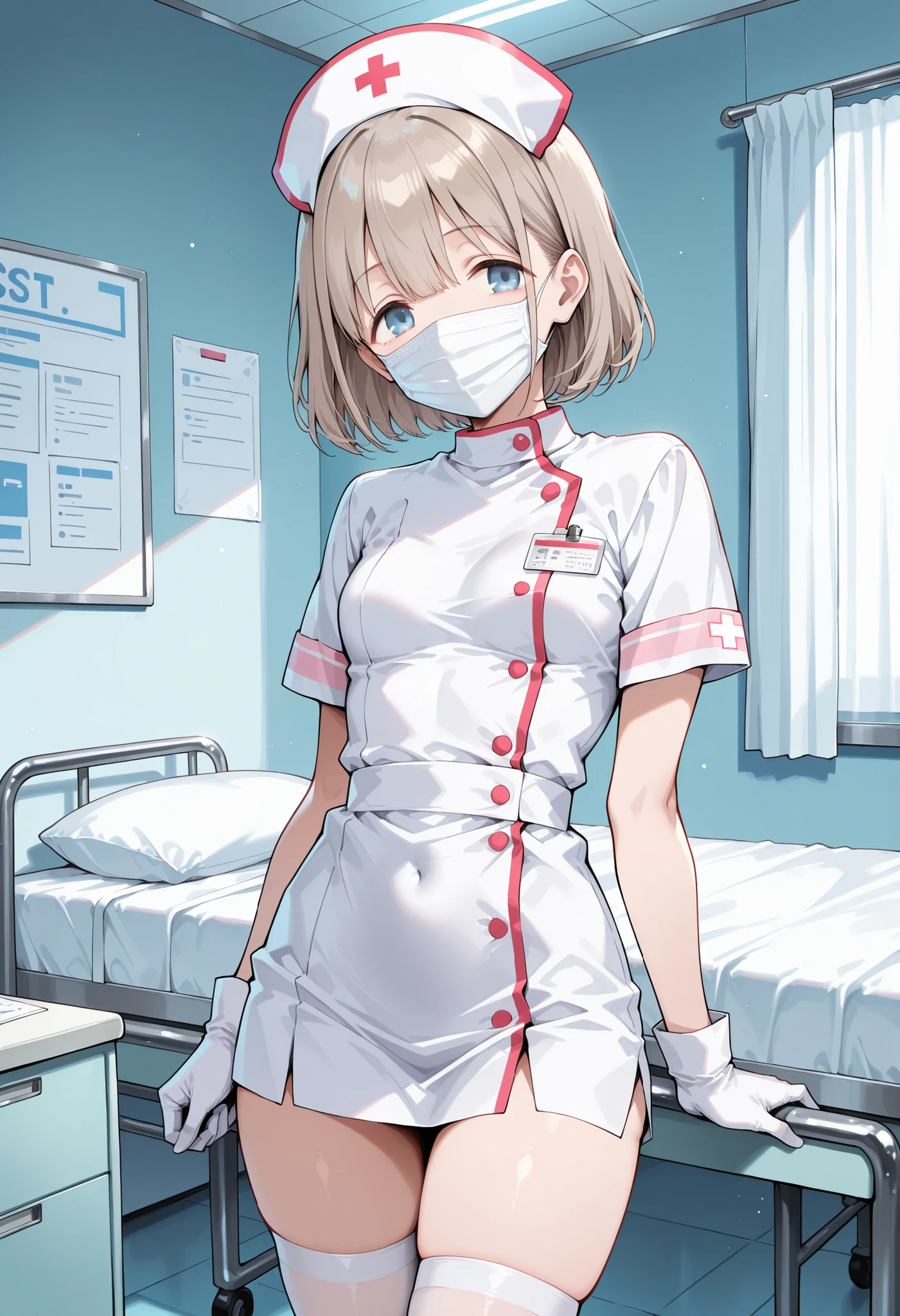 1woman, solo, nurse, nurse cap, white wear, ((white legwear, zettai ryouiki)), white gloves, blonde hair, blue eyes, pink lips, smile, standing, ((hospital room)), sharp outline, short sleeves, mature female, 35 years old, best quality, masterpiece