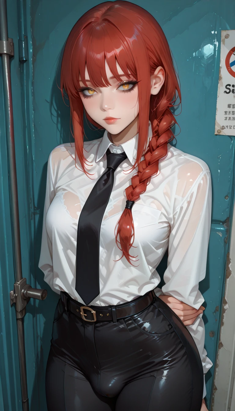 (masterpiece), (best quality), makima with Taylor Swift's face \ (chainsaw man\), best quality, ultra detailed, 1girl, solo, standing, red hair, long braided hair, golden eyes, bangs, medium breasts, tie, look, smile, (bad: 1.2), looking at the viewer, (interview: 1.3), (dark background, chains: 1.3) breasts out,