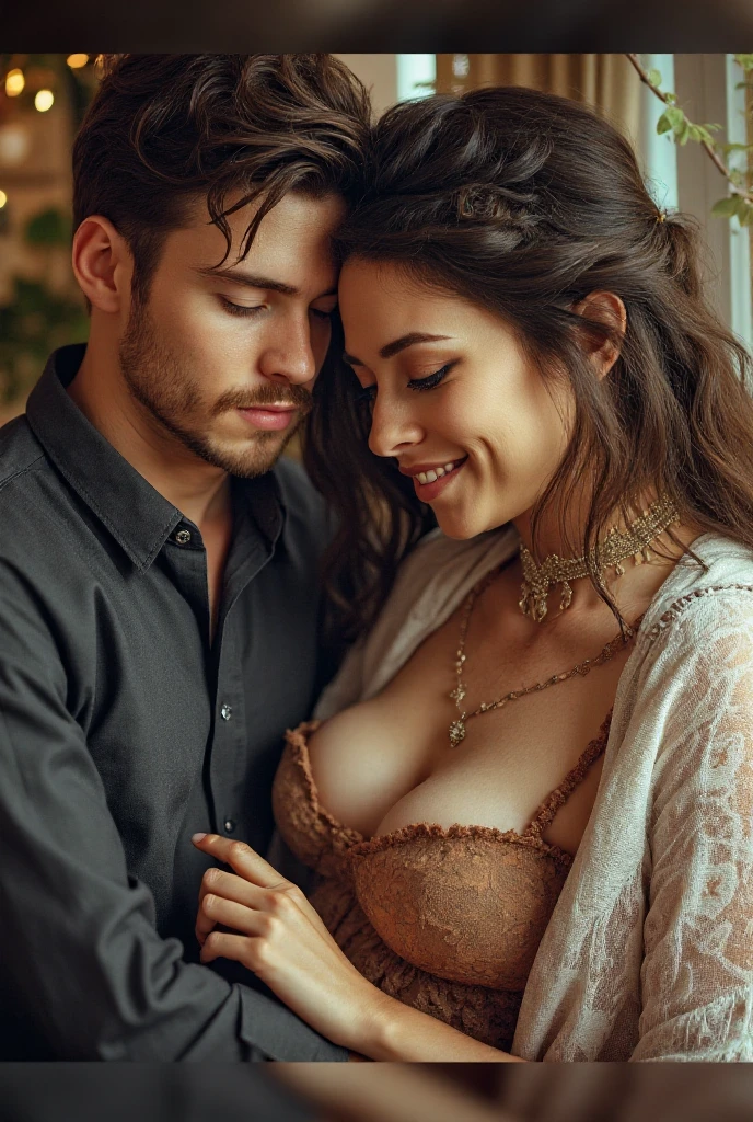 Photo of sexy 3 short brown hair woman, size 40DD for large breasts,. She wears a very short and small white dress with ruffles and details of stars and planets., sits on the lap of a 20-year-old boy, She has her legs spread on top of him, She lays on her back on top of him, on a sofa inside a wooden cabin, They smile a lot while doing it