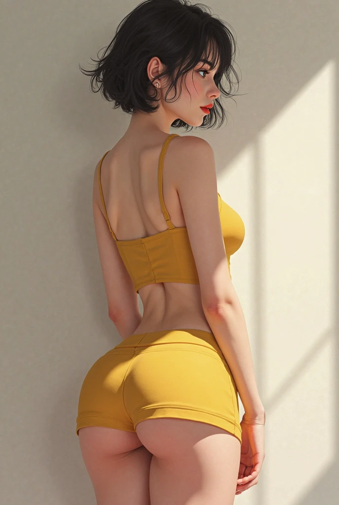 21 years old girl, brown short hairs, yellow bikini outfit, standing beside the window, digital paint, attractive beautiful,  Greg rutkowski