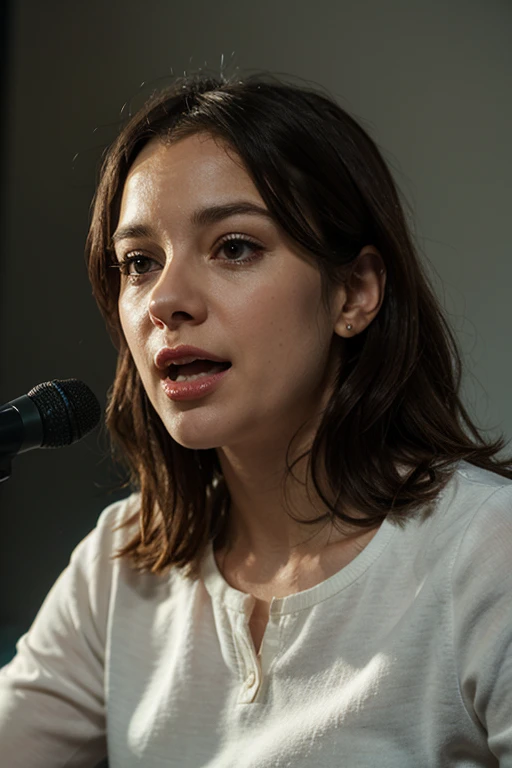 est quality raw photo of (K3llyM4cd0nald01:0.99), a woman as a presenter in radio show, modelshoot style, (extremely detailed CG unity 8k wallpaper), photo of the most beautiful artwork in the world, professional majestic oil painting by Ed Blinkey, Atey Ghailan, Studio Ghibli, by Jeremy Mann, Greg Manchess, Antonio Moro, trending on ArtStation, trending on CGSociety, Intricate, High Detail, Sharp focus, dramatic, photorealistic painting art by midjourney and greg rutkowski, (shirt and pants:1.1), ((radio studio)), ((recording a radio show)), ((bbc radio)), (looking at the camera:1.2), (detailed pupils:1.3), (earrings:1.2), (closeup:1.2), (shoulder duster earrings:1.2), (glossy lips:1.2)