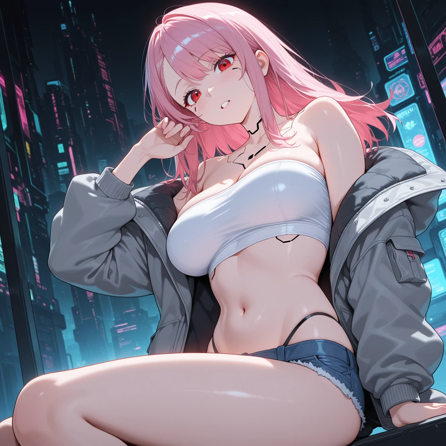 1girl, 18 year old female, Chloe con Einzbern, Fate Grand/Order, anime style, ultra realistic, high detail, sexy pose, sexy, beautiful, exposed skin, slender, skinny, exposed breast, large breast, nipples, exposed nipples, nude, nudity, absurdres, high res, ultrasharp, 8K, UHD, retina, masterpiece, accurate, anatomically correct, perfect anatomy, textured skin, super detail, high details, high quality, award winning, best quality, high res, looking at viewer, detailed eyes, four fingers and one thumb per hand, perfect hands, perfect finger, two arms only, no clothes, revealing, pink hair, yellow eyes, dark skin, tanned skin, brown skin, fertility stomach tattoo