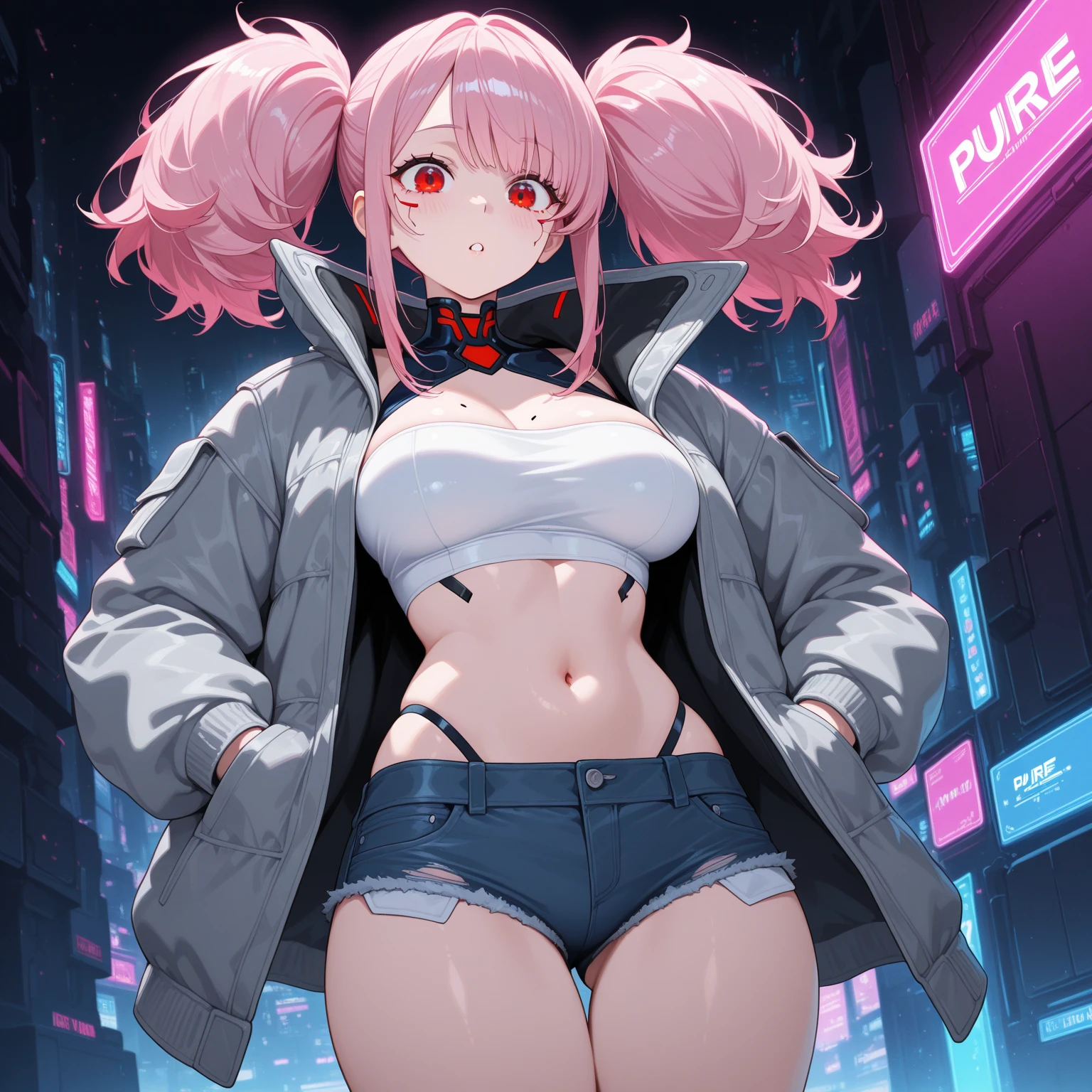 creation,Two dimensions,cyberpunk vr attached to eyes,Standing picture,a lot of people々large crowd,pussy  sex,Man juice transparent,Ahe face,pink hair,short twin tails,Squirting,Completely naked,pussy,Cyber VR