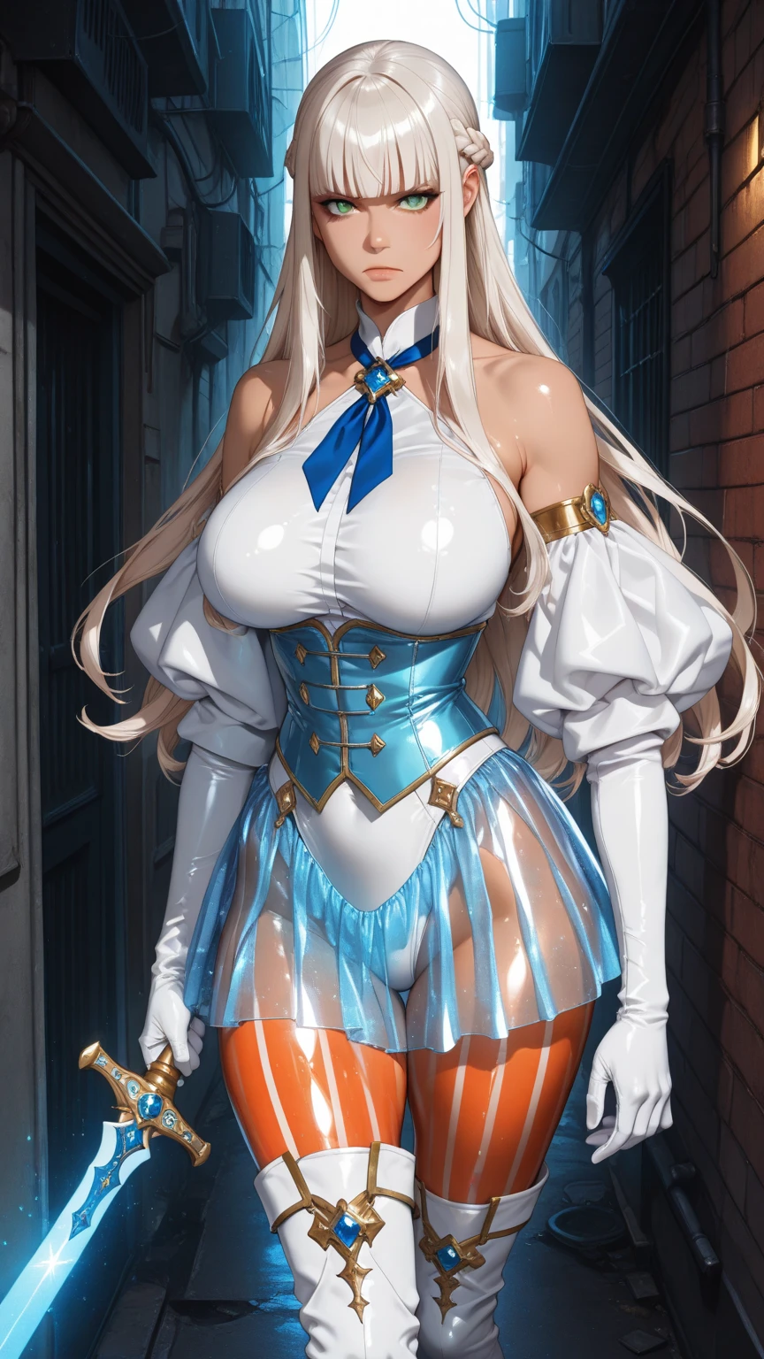 , score_8_up, score_7_up,score_6_up, score_5_up, score_4_up , 1girl, solo, Sophitia_SC6_SDXL, long hair, blue eyes, blonde hair, large breasts, thighhighs, dress, cleavage, braid, black thighhighs, armor, high heels, single braid, armored dress, shoulder pads, realistic, cassandra alexandra, blonde hair, green eyes, large breasts, cleavage, thigh boots, elbow gloves, happy, cowboy shot, simple background