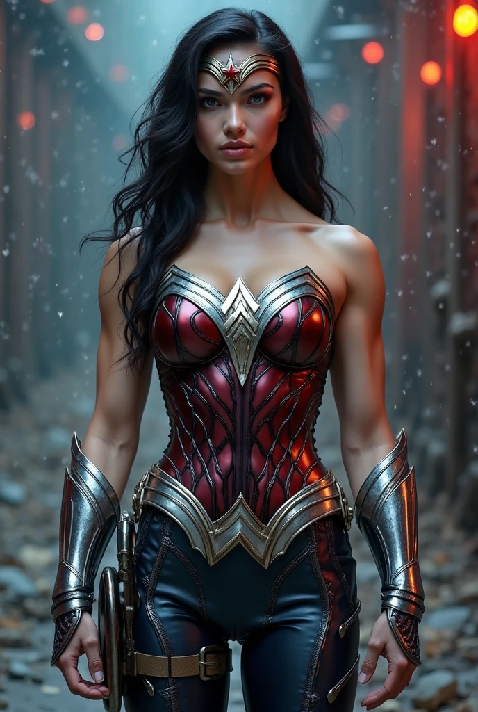 (((Simbionte Spiderman))),(((A beautiful woman with long black hair under the mantle of the Amazon warrior Wonder Woman (((Black metal headband with a red star on the front))),(((corset negro))),(((Long black boots up to her knees))),(((With Symbiote skin running all over his skin))) Black metal bracelets))),(((Simbionte Spiderman)))