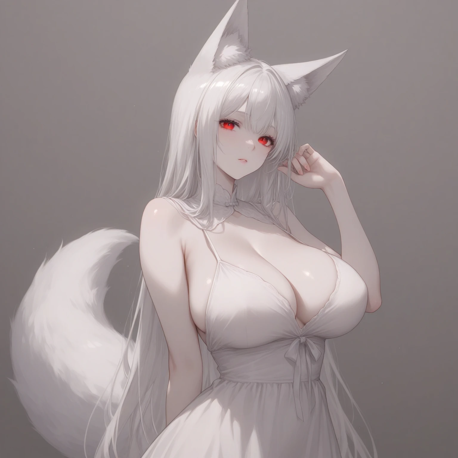white long straight hair, beautiful face, soft facial features, height 175, feminine figure, silver eyes, playful smile, anime reskin style, Neko, , Neko ears, Cat eats, cat tail, Mature, older, Sexy, one character, one person, exposed breasts