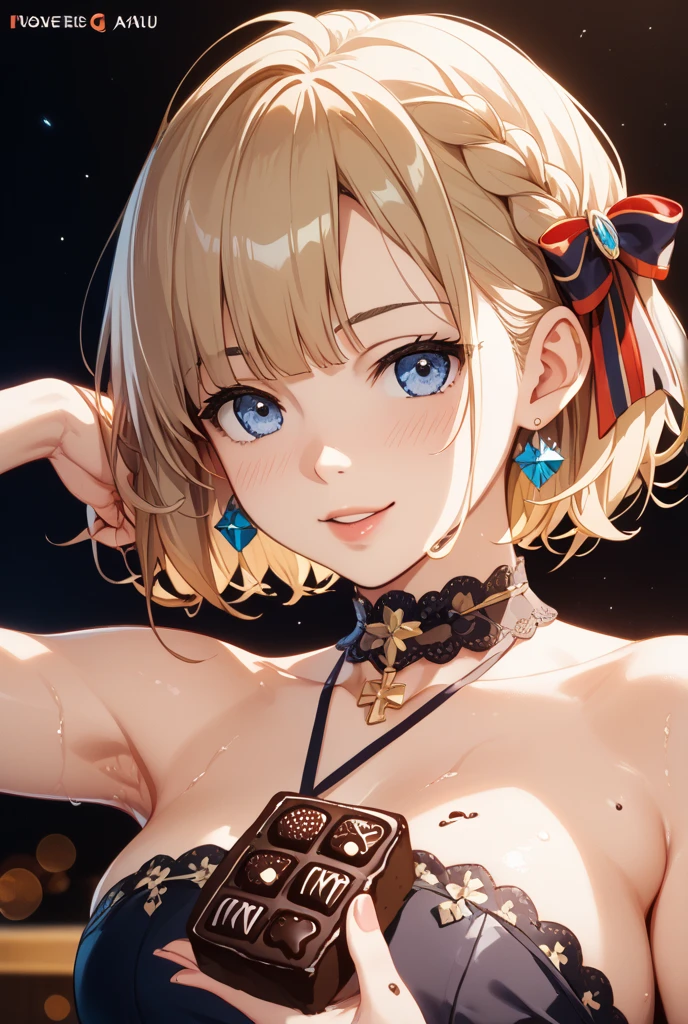 masterpiece, best quality, official art, extremely detailed CG unity 8k wallpaper, highly detailed, absurdres, Swaying hips in a dance, (Bright background, Tons of lights, on the dancefloor), Amazing electrifying setting, exquisite facial features, Golden eyes eyes, Perfect fingers, perfect face, (sharp eyeliner, eyeshadow, detailed eyes:1.1), [Shoulder length twin tails hairstyles], brown hair going into blonde, White sports glasses facing upwards positioned on her head, gradient with blonde tips, Small breasts, Perfect skin, shiny skin, female, solo, smiling with joy, [Black half crop top, showing white bra, blue denim jeans, with showing high waisted black panties]
