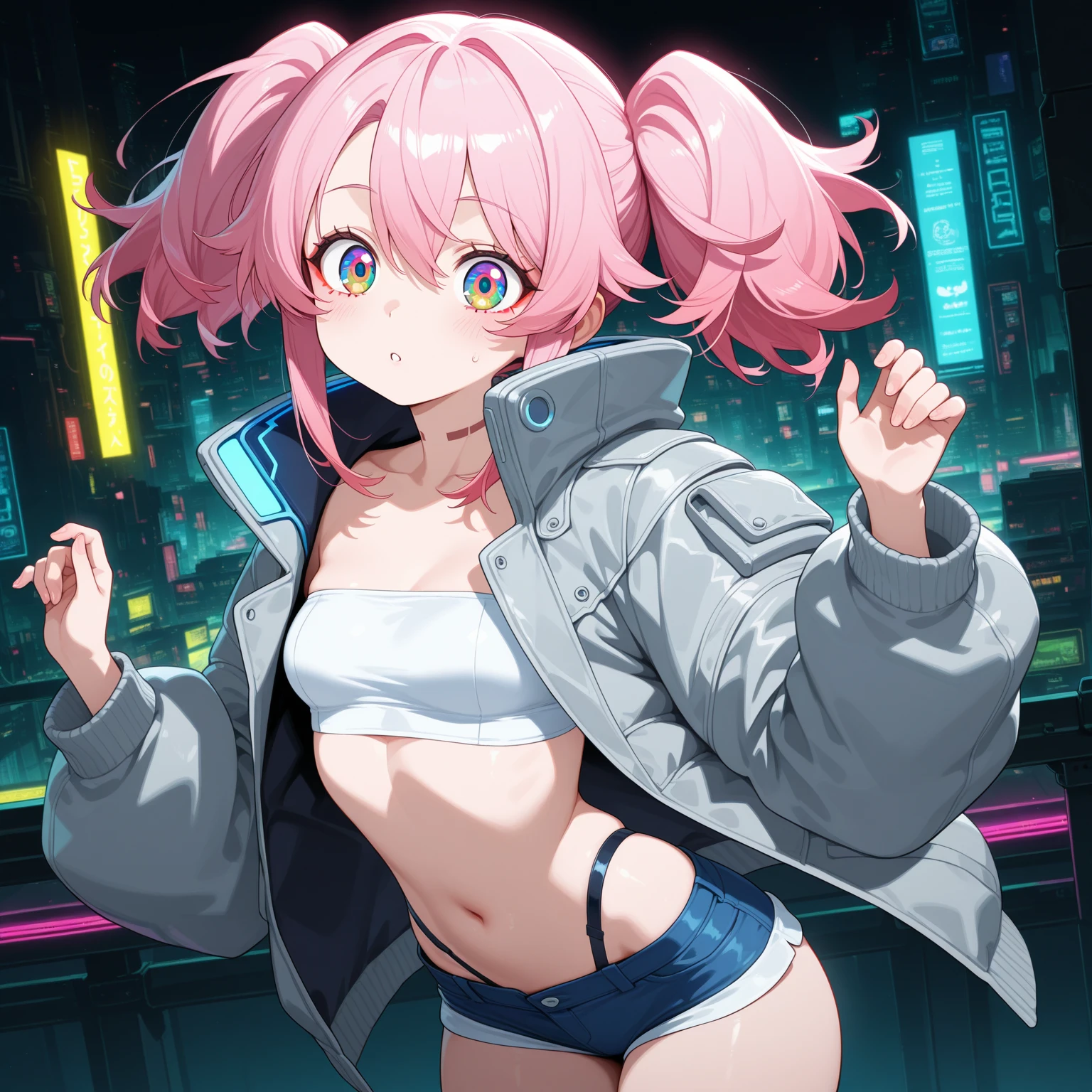 (anime artwork, anime style, studio anime, very detailed, up to date, vibrant, Anime Coloring, high contrast, masterpiece:1.2, best quality, best aesthetics),1 girl,cyber punk clothes, Medium chest, A glimpse of thighs,cyber punk hair, One eye is hidden by the bangs, perfect proportions, high detail skin, Cute, detailed faces, cutout between underboob and shirt,very short pleated miniskirt,makeup, smart phone, head phone to wear around the neck,