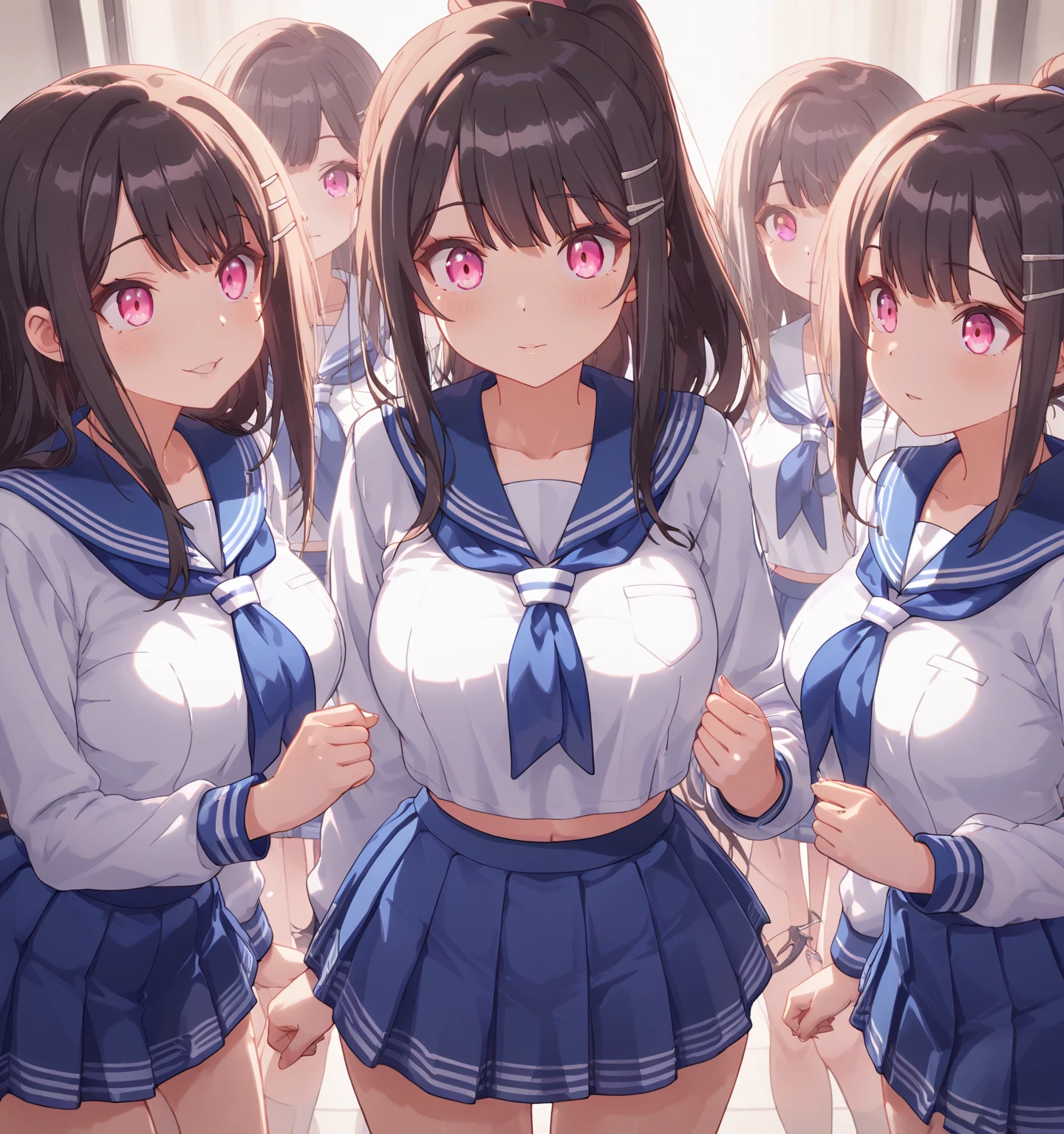 mastute piece,Best Quality,insanely detailed,nsfw,
3girl,3girls line up,3girls on all-fours,3girls raise butts,3girls look at front,side by side,(,breasts out,no skirt,no bra,no panties,bare breasts),blush,shy,all girls pink hair,perfect breasts,open mouth,school hallway,
1man,man stands behind girl in the center,man right hand touches butt of girl on the right,man left hand touches butt of girl on the left,