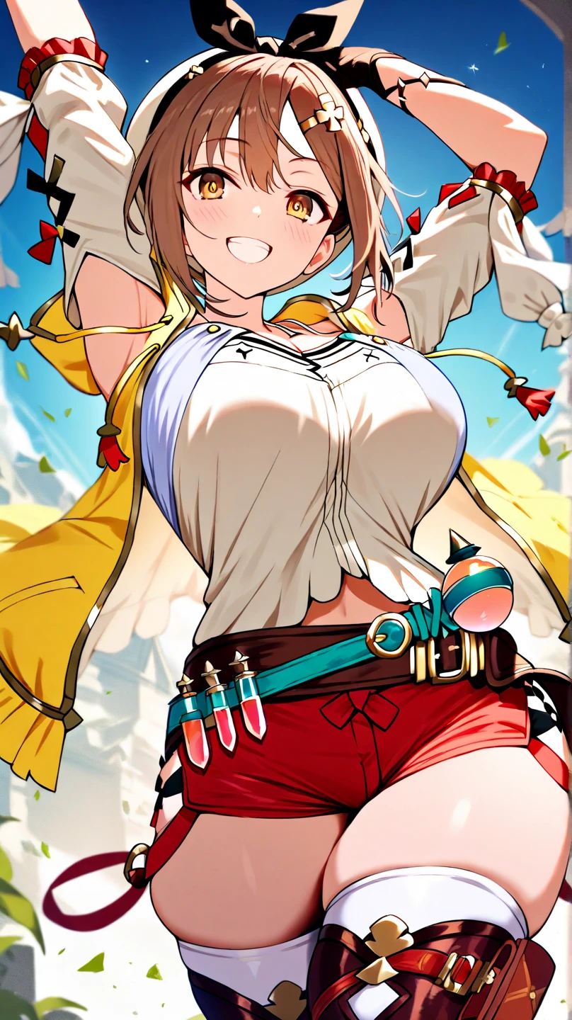 Anime school girl,showcasing large breasts and cleavage. She is standing solo in a cafe background, with a hint of blushing on her cheeks and a confident pose.Flower Fairy，Large colored wing lights，Sand grains brilliance，magic wand in hand， Body，sky sky，flight