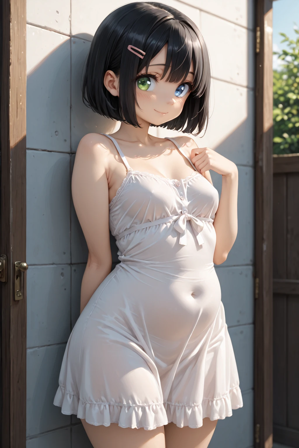 (masterpiece:2.0), (top-quality:2.0), (standing naked in the garden:1.5), (extremely short length camisole dress:1.5), (super sexypose:1.5), (blushed face:1.5), (hide crotch with hand:1.5), (hide chest with hand:1.5), (Spilling boobs:1.5), (realistic:1.5), under the boobs, side boob is visible, naked, 1 little girl, precise small hands, Embarrassed look, light smile, Look at me and smile, extremely cute girl, innocent face, young face, Clear eyes, Shining eyes, small breast, shoulder is visible, Tummy is visible, cleavage of the breast is visible, stomach is visible, the lower abdomen is visible, The buttocks is visible, The crotch is visible, No pubic hair, dynamic posing, The beautiful skin, ultra-definition, Top resolution, japan high school student, brown hair