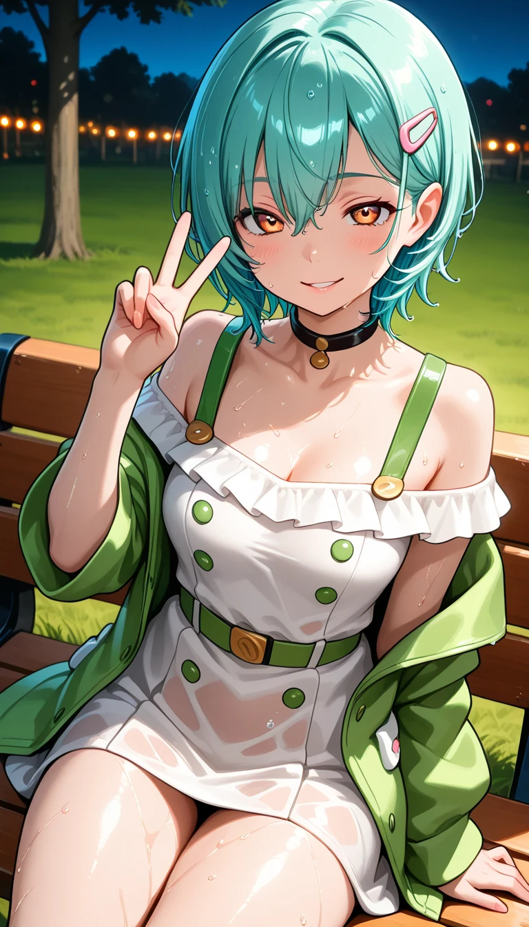 tatsumaki,Short green hair，Hip-baring robe，Grass amusement park，Open the chest，solid blue background，Cute loli style，having fun，Fleshy thighs