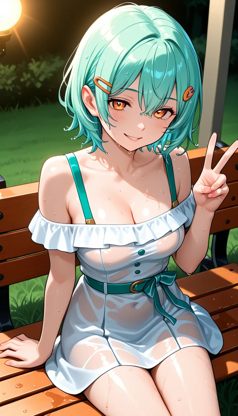 Green hair,adolable,bit girl,Lori huge breasts cleavage,Blue and white suspenders,trpical garden,Short stature,frogs,Straw Hat Hat