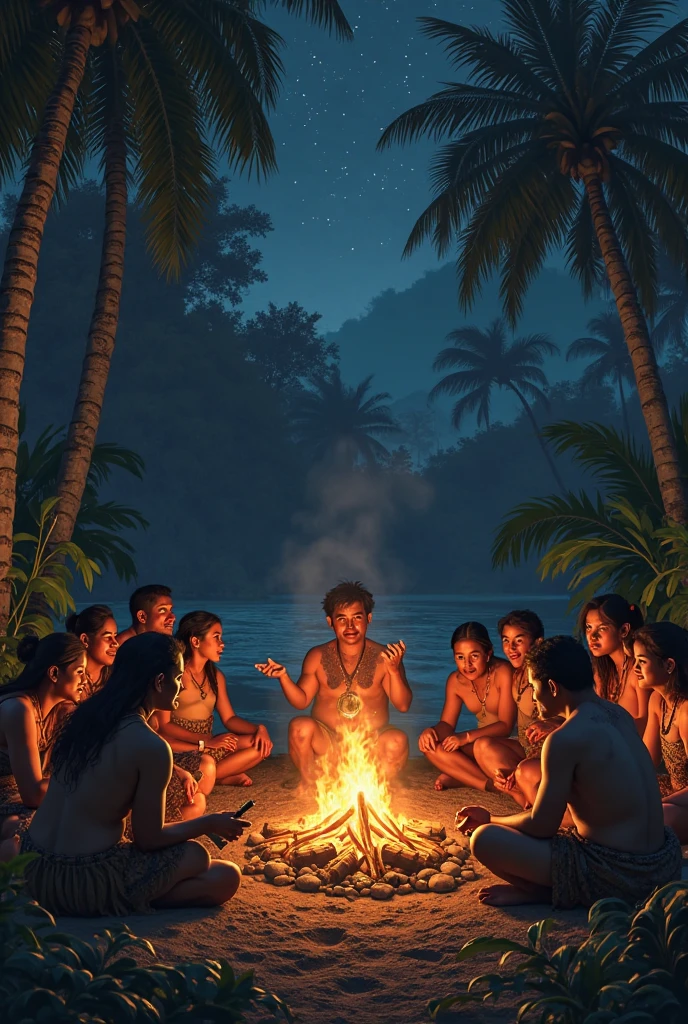 Tribal people who are hunter gatherers and living on a island without other human contact give some people sitting on the ground and having some conversations around the fire at night