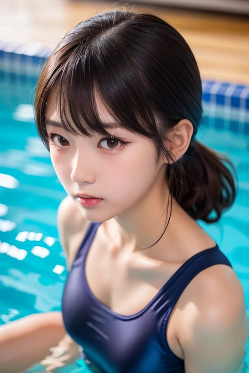 one girl, (a beauty girl, delicate girl:1.3), (12 years old:1.3),((Wet school swimsuit)) (Navy blue school swimsuit:1.3),((Cute pose)) ,Very detailedな明瞭さ, (Symmetrical eyes:1.3), (School swimming pool, indoor:1.3), ((Nipples become erect))、(Small breasts), ((Mekosuji))、Brown eyes, ((Bun Hair)), Brown Hair, girl,, (Eye and facial details:1.0),, (masterpiece, highest quality, Very detailed, Detailed face, 8k)