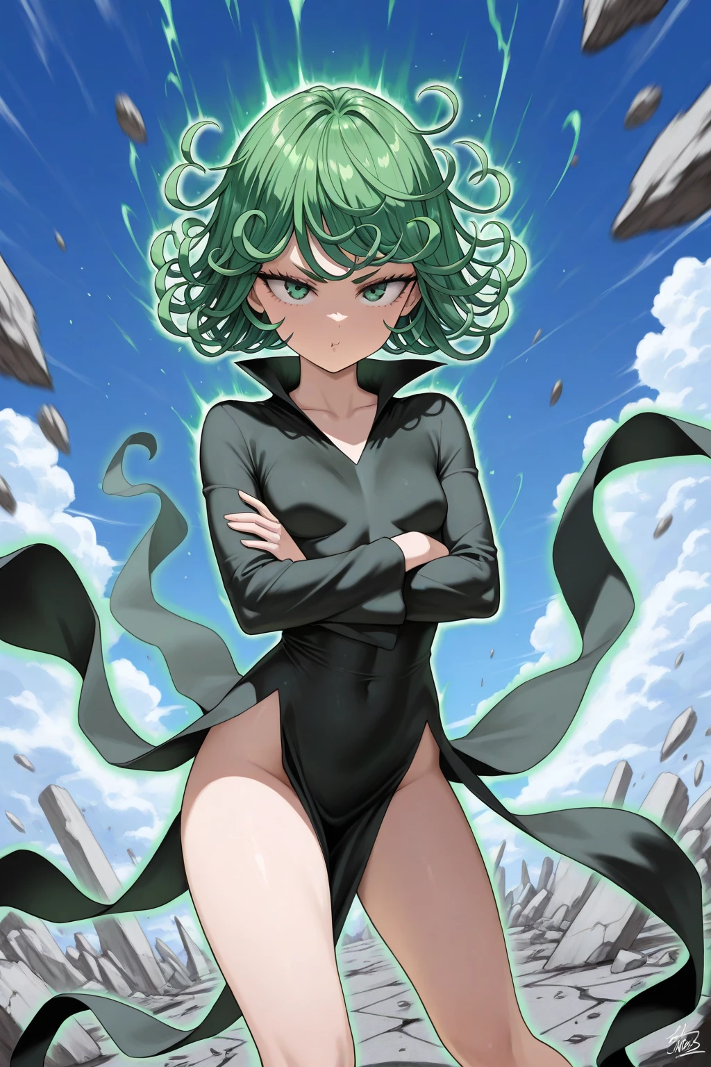 (masterpiece, best quality:1.2), cowboy shot, solo, 1girl, tatsumaki, lustful, closed mouth, looking at the viewer, ass, wide hips, black dress, blue sky, clouds, erotica(((sexy pose)))