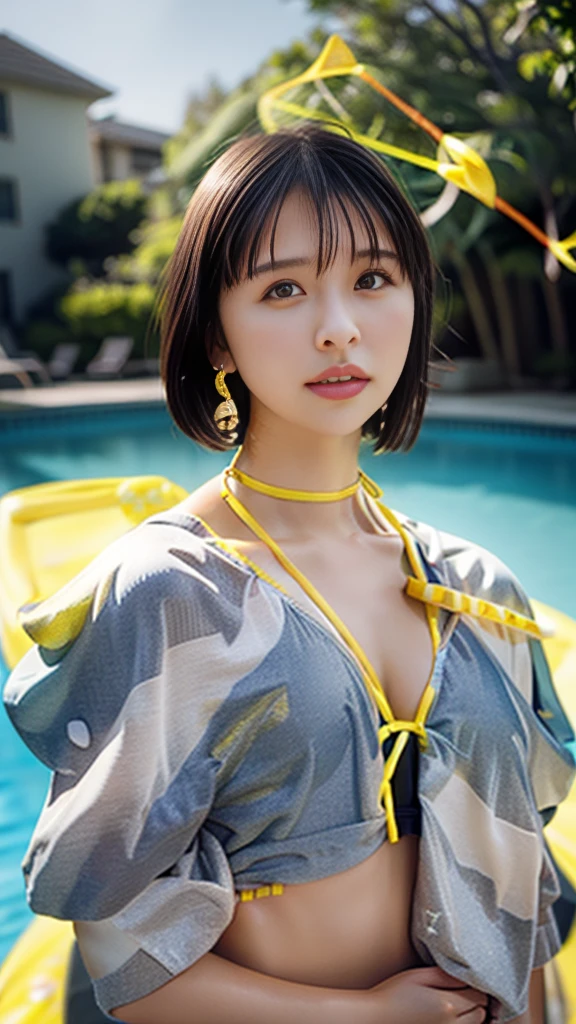 (Highest quality, 8K, 32k, masterpiece, Ultra-high resolution:1.2),Beautiful Japanese Women Photos, Rainbow clothes、Rainbow hoodie、Large Breasts, Very short bob hair,Red hair, necklace, Simple Background, From above, View your viewers,Red Hair、White background、