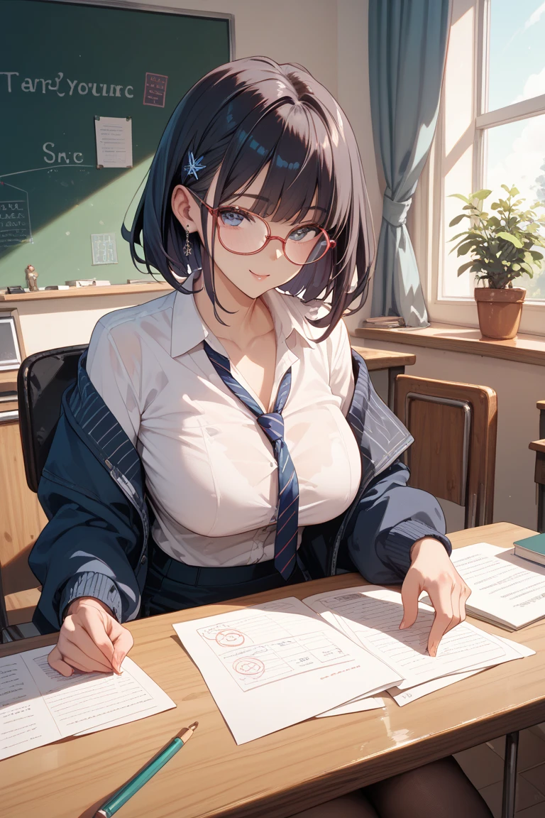 Adult female, highly detailed, glasses, short and messy black hair tied back, blue eyes with black pupils, focused, college classroom, black cardigan, jeans, perfect eyes, expressive eyes, high quality, best quality, walking, busty, sitting at desk, writing one-handed, extremely focused