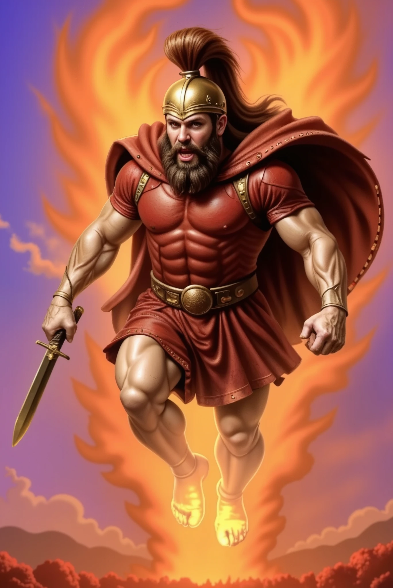 Ares, the Greek god of war, descends from the sky engulfed in towering flames. He has a muscular build, fierce glowing eyes, and wears a scarlet red leather armor with intricate stitching and rivets. His Corinthian bronze helmet has a large red horsehair crest, and a red cape billows behind him. He holds a short sword in one hand and clenches the other fist. His long dark hair and beard flow in the wind as he lands in a fiery trail. The surrounding sky is filled with swirling clouds and intense flames in hues of orange, yellow, and red. The background transitions from fiery tones to cooler blue and gray clouds. The overall mood is dramatic and powerful.