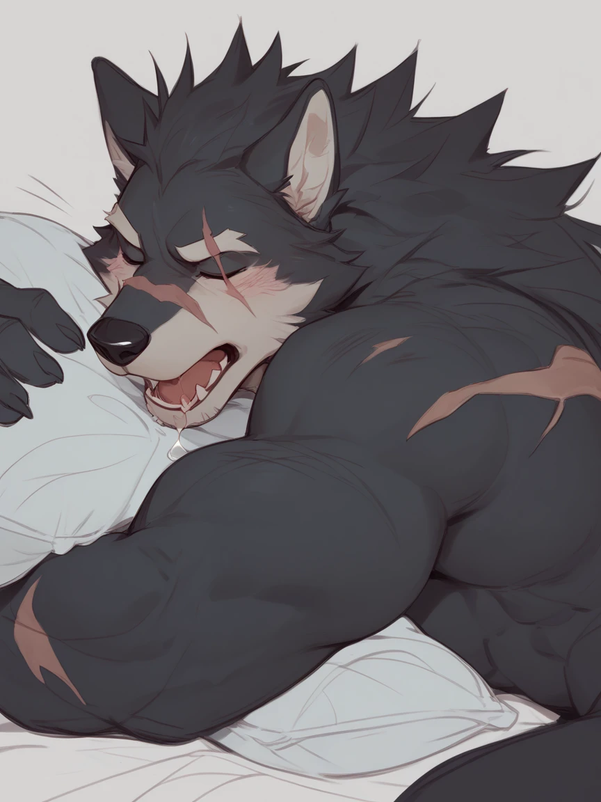 (2d cel anime:1.2),(face up shot:1.3),dutch angle,depth of field, motion blur, absurdres, looking at viewer, (best quality), (masterpiece),(ultra detailed),sharp focus,niji,(anthro male light gray wolf),(muscular),(wolf tail),(nude),(manly),bed,(sleeping:1.2),anime,(by null-ghost),by lindong