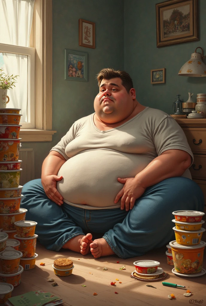 a young man thats fat and out of shape and unattractive thinking of being attractive, muscular, wealthy