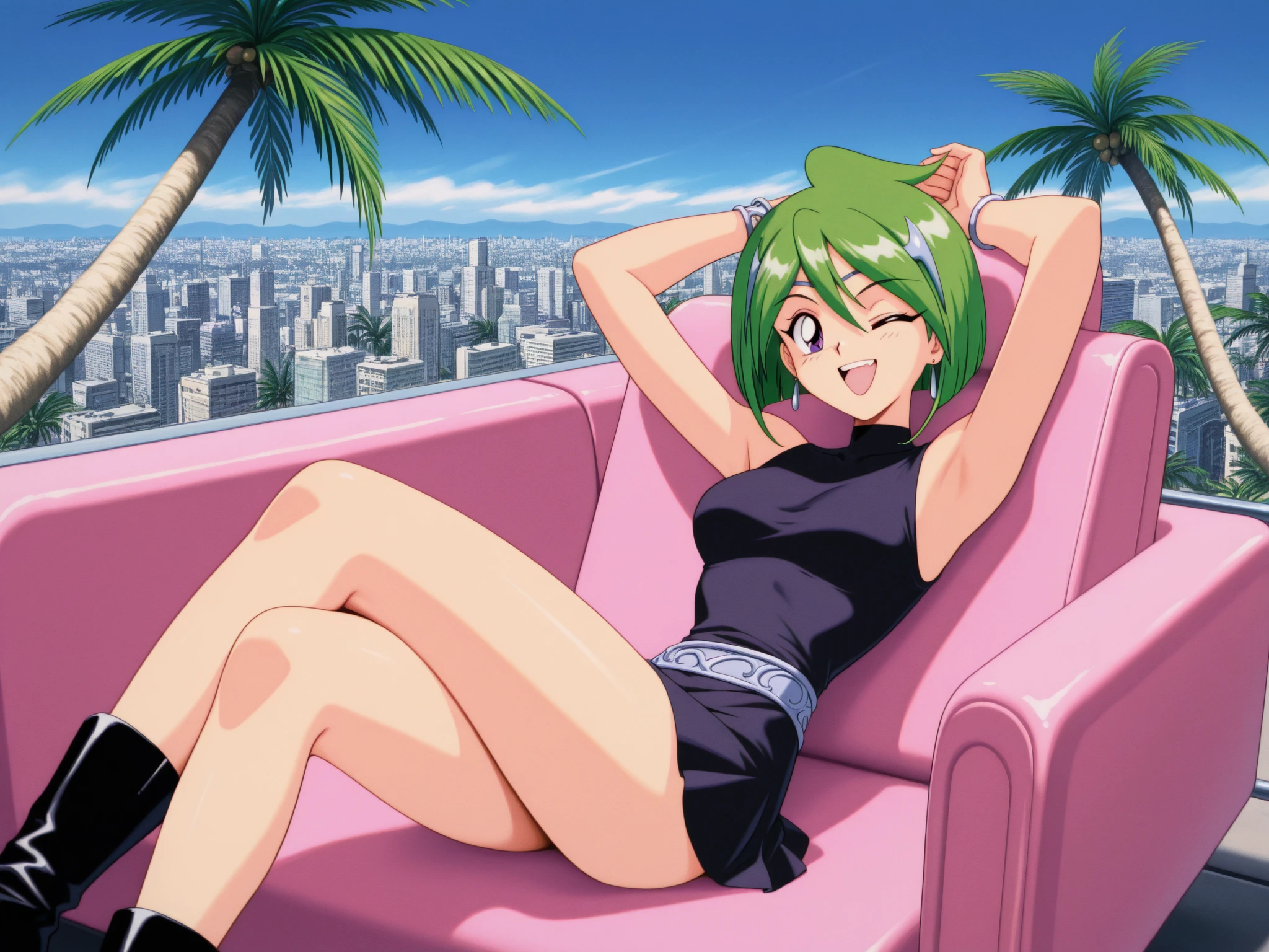 bulma, short hair, aquamarine hair, bob cut, hits, blue eyes, 1 girl, Alone, bare shoulders, Strapless, belt, medium chest, Red shirt, red mini skirt, Sitting on a sofa, seductive smile, Whole body, bare legs with red heels, crossed legs,long live sailor march