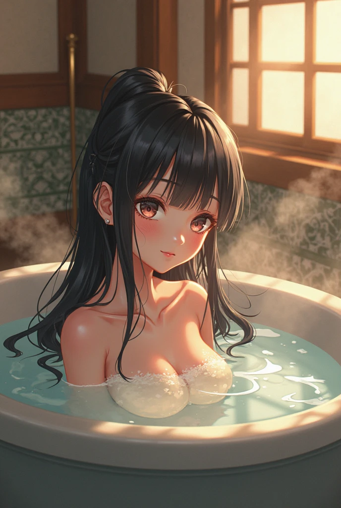 ultra detailed,((1girl)),(loli),((nsfw)),(((((cum pouring bath))))),(((arms behind head))),((sweat)),(((steam))),((nude)),(((absurdly long hair))),((black hair)),((tears)),((surprised)),(((excessive cum))),(((cum on hair))),((gigantic breasts))