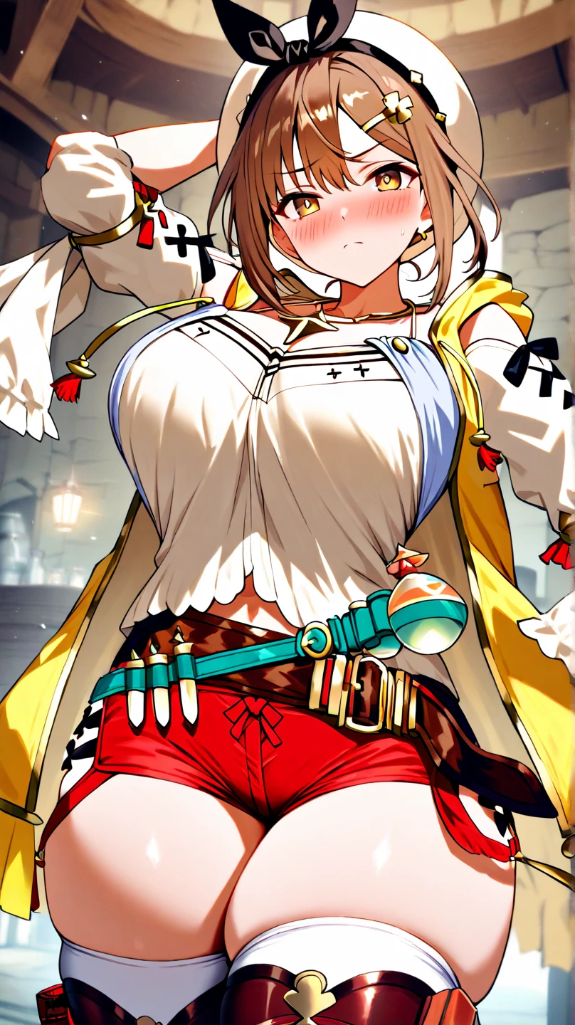 (Highest quality, 8K, masterpiece :1.3),Lizaリン・シュタウト(Lizaのアトリエ),Liza, One woman,Large Breasts,short hair,Brown Hair,hair band,Clothing,hat,White shirt,White camisole,Red shorts,Brown long boots,Blowjob,nsfw,Plump body,Thighs