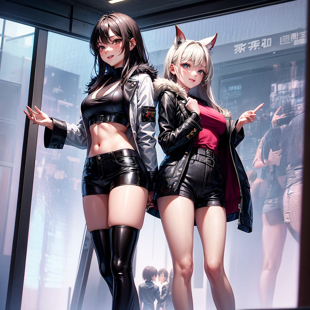 harems Multiple girls are depicted a smile a blond Pink hair leather jackets blue eyess top-quality masterpiece 超A high resolution Bodysuits Loose Socks