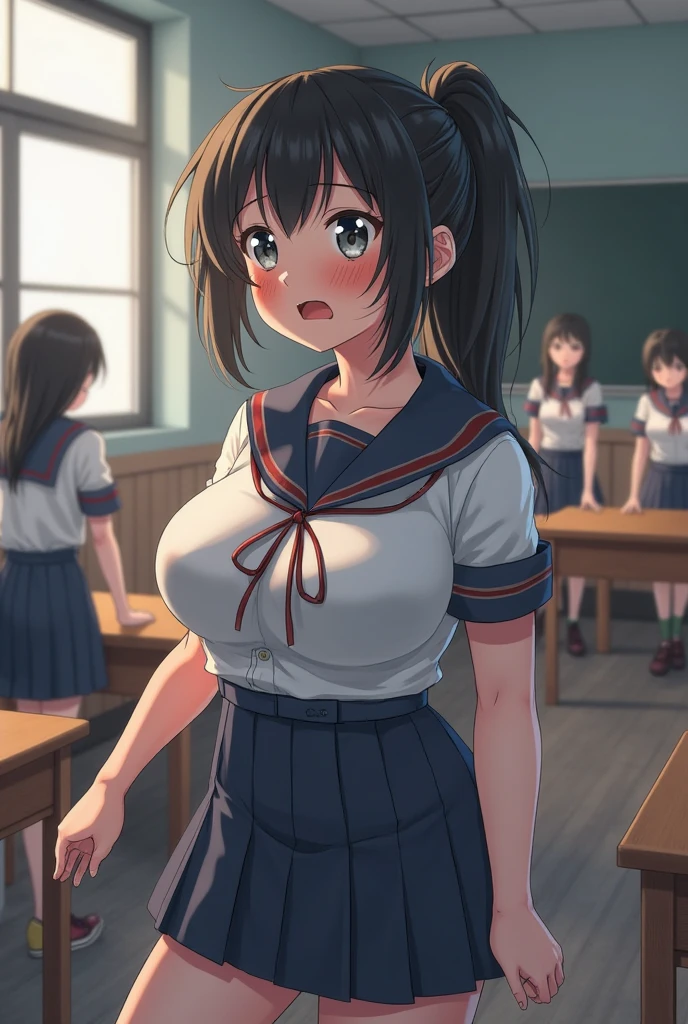 ((best quality)), ((masterpiece)), (detailed), (((perfect face))), ((((slender 16yo teenage girl)))), (((wearing dark blue pleated skirt))), ((((topless)))), (((bare shoulders))), (((bare stomach))), (((bare arms))), (((brunette, brown hair))), ((ponytail)), (((shy:1.3))) ((blushing:1.5)), ((slender thighs)), ((slender hips)), (((girl looking away))), (((medium breasts))), ((((crowded classroom)))), ((((students in uniform)))), ((((crowd of students in uniforms))))