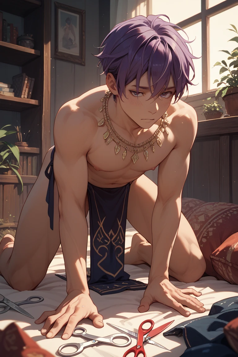 The image features an anime-style character with gray hair and golden eyes. He is wearing gold accessories, including armbands and a necklace. The character is shirtless, showing a well-defined muscular torso, and is wearing a purple cloth around his waist with decorative elements. He appears relaxed, with his arms behind his head, against a dark, possibly starry, background.