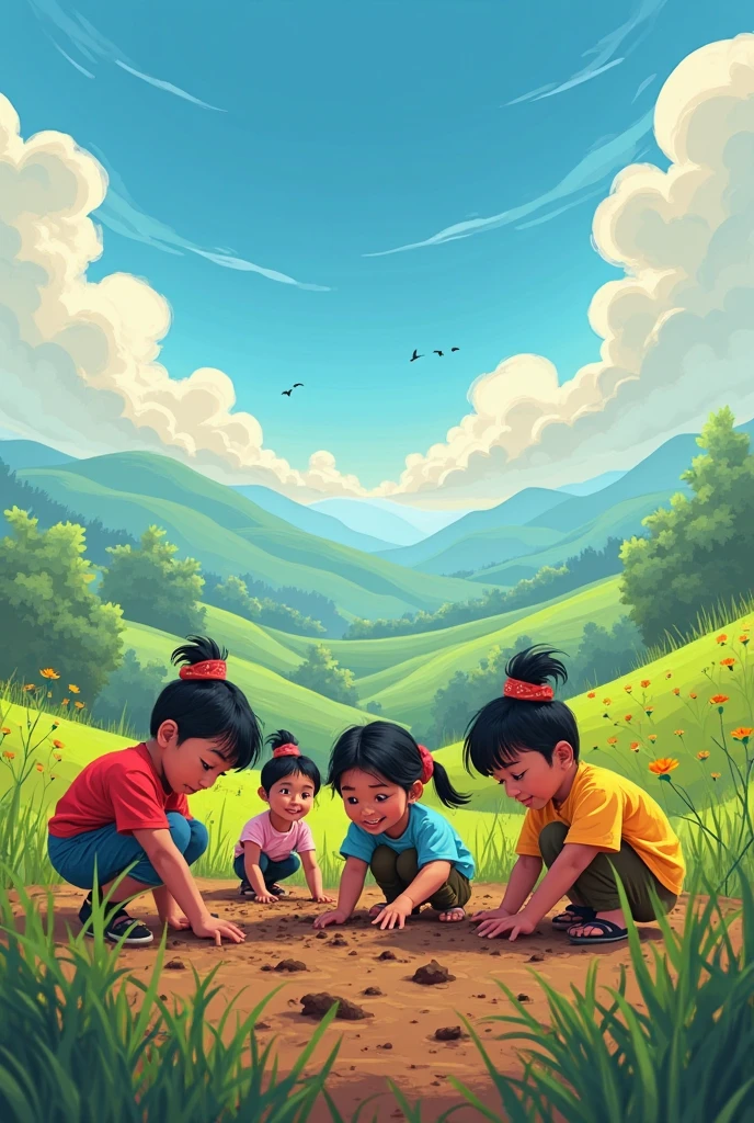 Children are working hard in the fields