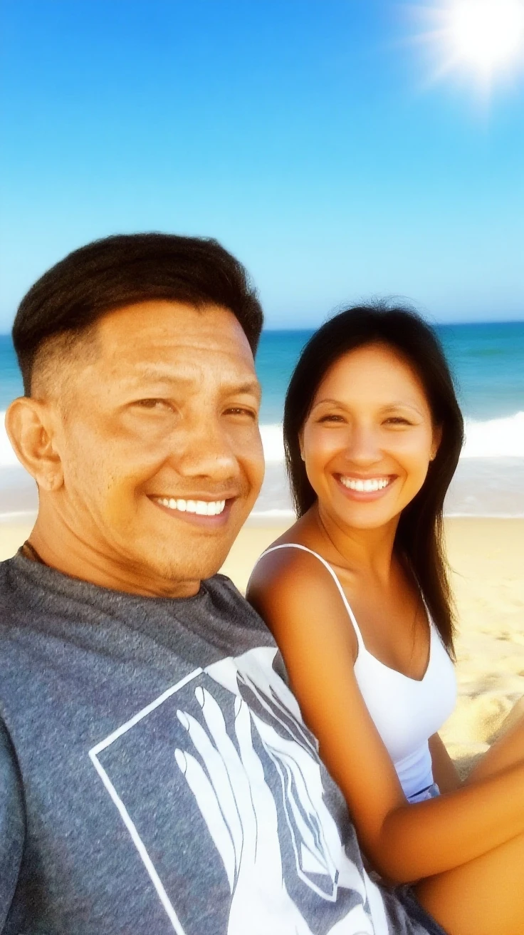 A 60 year old Indonesian man, wear a Muslim cap, baju batik dan long pants, sad face facing the camera while hugging beautiful Indonesian woman, fair skin, big nose, long wavy hair, wearing a denim jacket, long pants, wearing pink sneakers, sad face facing forward, on a beautiful beach, in a beautiful afternoon, minimal defects, very detail, realistic, 8K picture