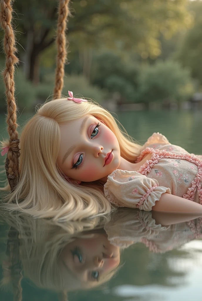 Create a of 5 years old blonde hair long turquoise blue eyes she is in a beach with a pink dress