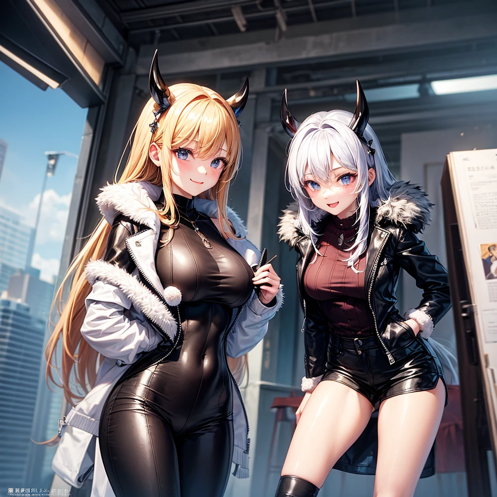 ((best quality)), ((masterpiece)), (detailed), 1girl, 8k_wallpaper, extremely detailed eyes, extremely detailed body, (large masterpiece digital art), ((perfect anatomy huge chest)), (intricate details:1.3 ), (ultra-detailed:1.3), (sharp focus:1.3), (natural lighting:1.05), (vivid colors:1.3), (best quality:1.4), high quality, expressive eyes, full body, tall girl, detailed face, beautiful face, perfect face, ((blonde hair)), (gold eyes), ((large blue horns)), {{dark skin}}, ({dark skinned female}), gigantic breasts, thick thighs, strong arm and leg muscles, strong abdominal muscles, large nipples sticking out from under the fabric with piercings, nipple piercings, belly piercings, a predatory smile with fangs, a lustful smile of a predator with fangs, dressed in a white coat with a fur collar and sleeves rolled up to the elbows, steel metal heavy stormtrooper armor, a walkie-talkie hanging on the belt, earpiece for communication, leather tight pants badly torn in the front and on the ass, covered in blood, abrasions, dirt, walking along a path through the cramped streets of the winter ruins of a city in which a war of mecha robots and fantastic demons has broken out, shooting and explosions are heard everywhere,