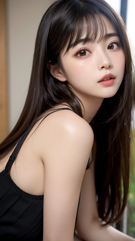 best quality、tmasterpiece、ultra high resolution、actual、1 girl、Glossy skin、((Surreal detailed))、Global photo、8K、Highly complex details、shinning eyes、Black straight hair、highkey、pureerosfaceace_v1、A smile、Elegant pose、plump breasts、White ultra-thin transparent lace、Lots of flowers in the background