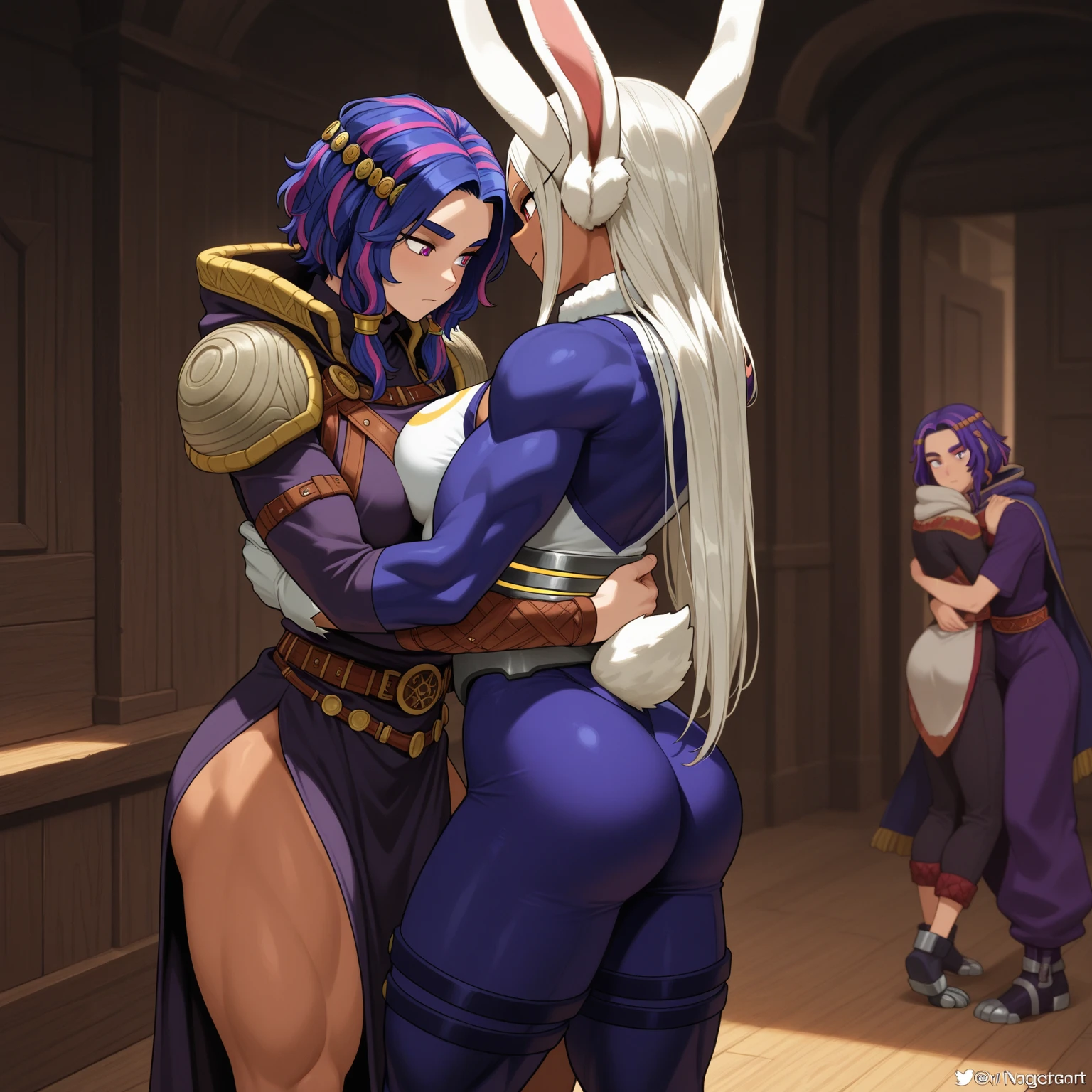 a woman getting her butt examined with a slap hand mark on her ass by three other females in the background