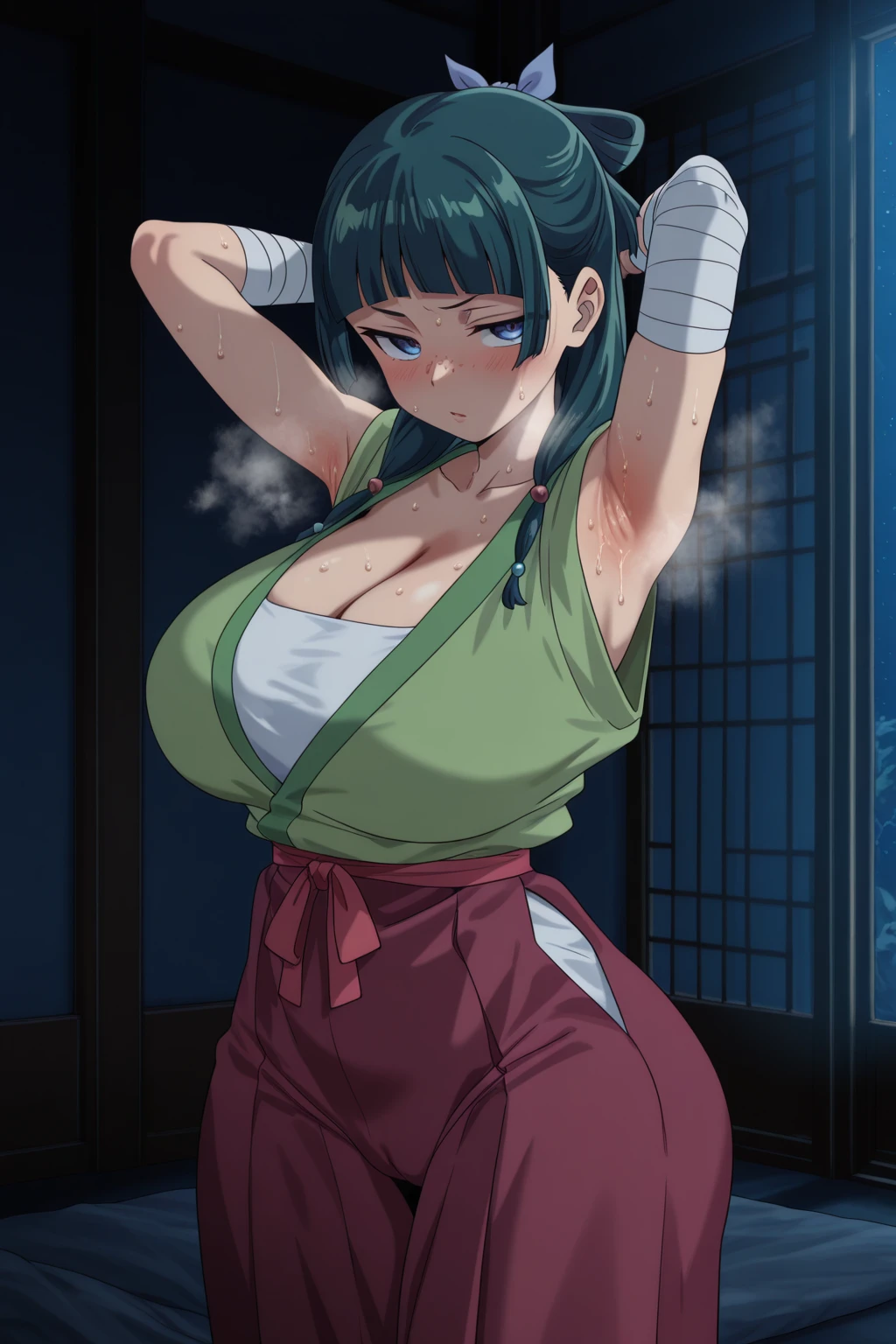 1girl, cowboy shot, beautiful, maki zenin, blue uniform, bangs, green hair, ponytail, glasses,volumetric lighting, best quality, masterpiece, intricate details, tonemapping, sharp focus, hyper detailed, trending on Artstation, realistic, japanese, sleeveless, armpits visible