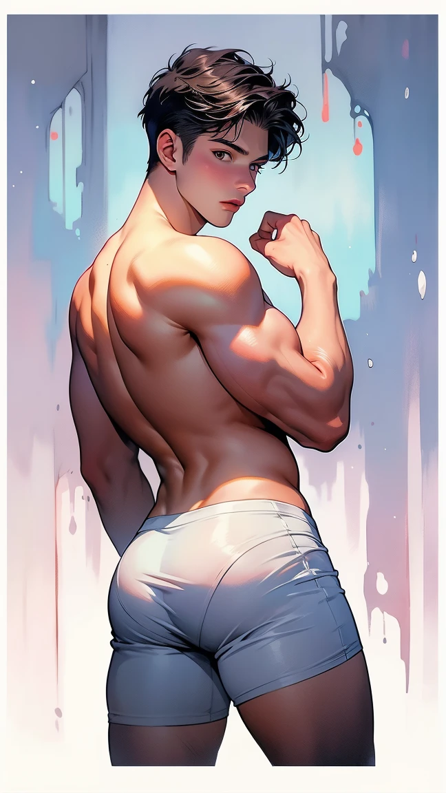 dissolute, very handsome boy shows his ass, a young guy of fifteen years old with round, voluminous buttocks and a thin waist, splashes of white sticky liquid, Tango panties are two sizes too small , bold hairstyle. watercolor, Boys only, Guys, Young man