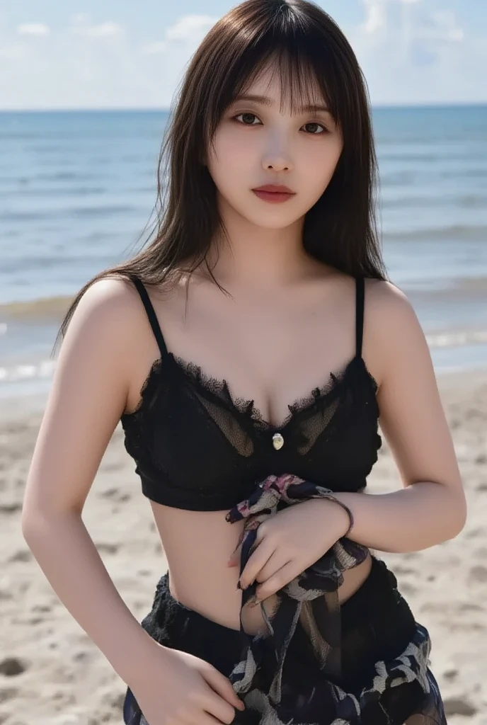 Alafid woman in black dress standing on the beach, Wearing a two-piece swimsuit, Beautiful Korean woman, Beautiful young Korean woman, hot,sunny, with sunset, Beautiful young Korean woman, korean girl, Beach at sunset, She wears a black vest, black pink jenny, Wearing a black short vest, Xintong Chen, beautiful asian girl