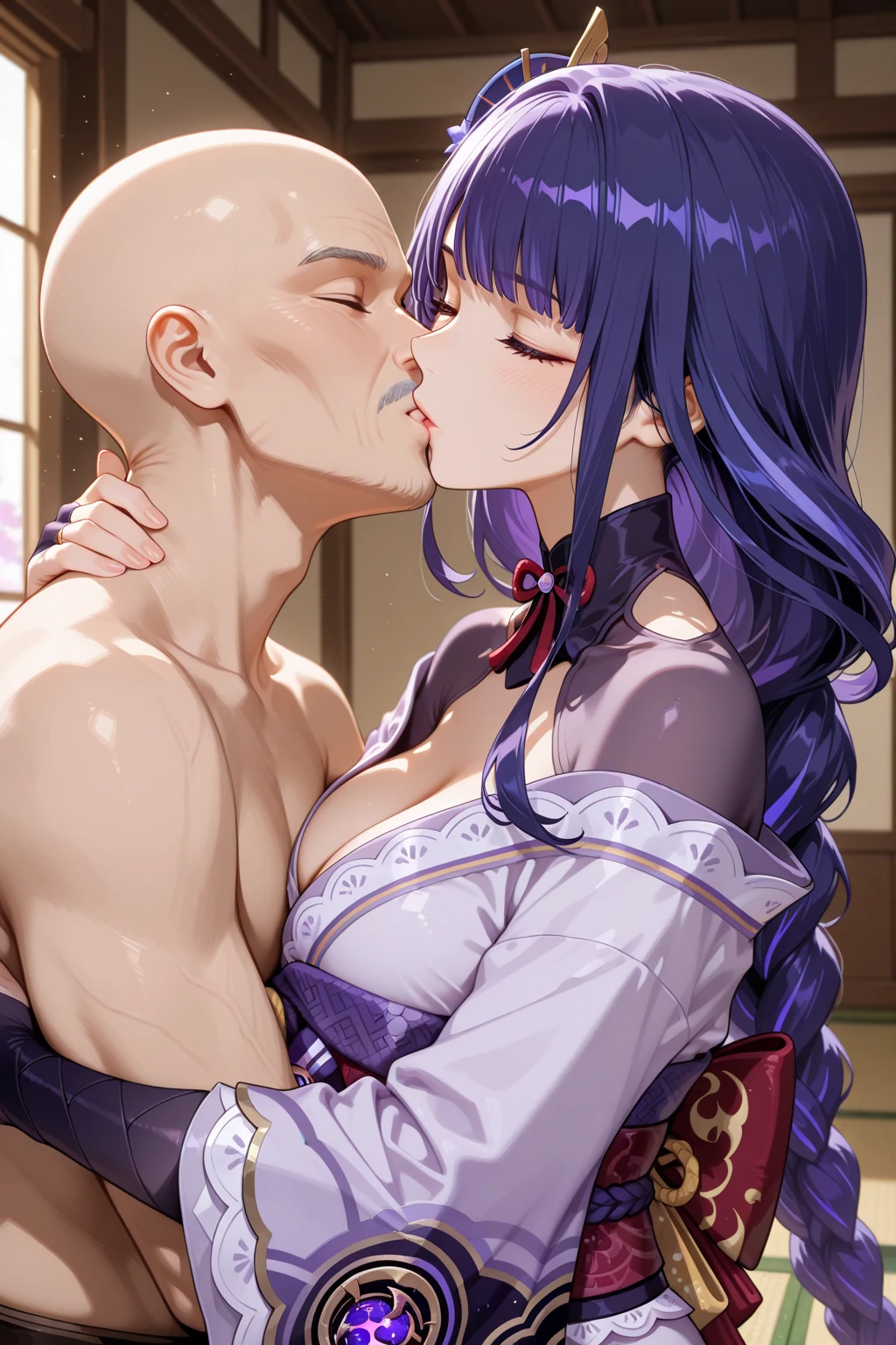 yu hee breasts pressing on fat ugly old man face while sleeping bed hugging each other,close eyes, black long wavy hair, ,large breasts, glowing heart earrings, bracelet, necklace cleavage,big ass, ?????? chain connect with other nipple,navel piercing