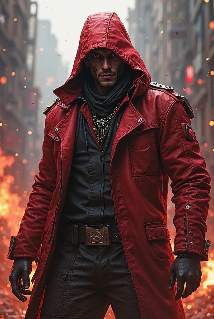 group of rugged and rough-looking gangsters dark atmosphere, red coats