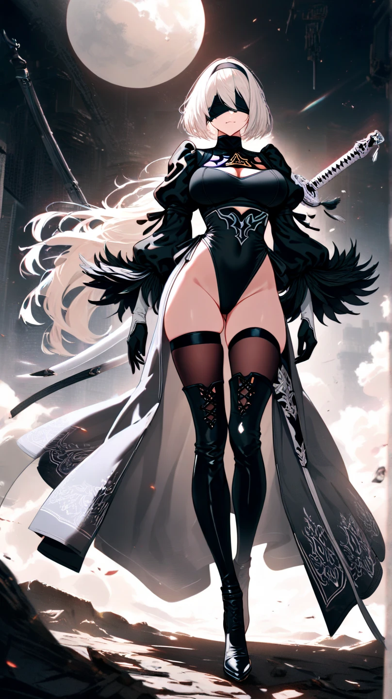 Beautiful images,Detailed Images,Official image,A woman wielding a sword,Blonde,Red Eyes,Ponytail Hair,Model body type,(Dark Skin:1.3),Elf Ears,Large Breasts,(Black sneak costume,Fishnet tights,Jet Black Cloak:1.3),