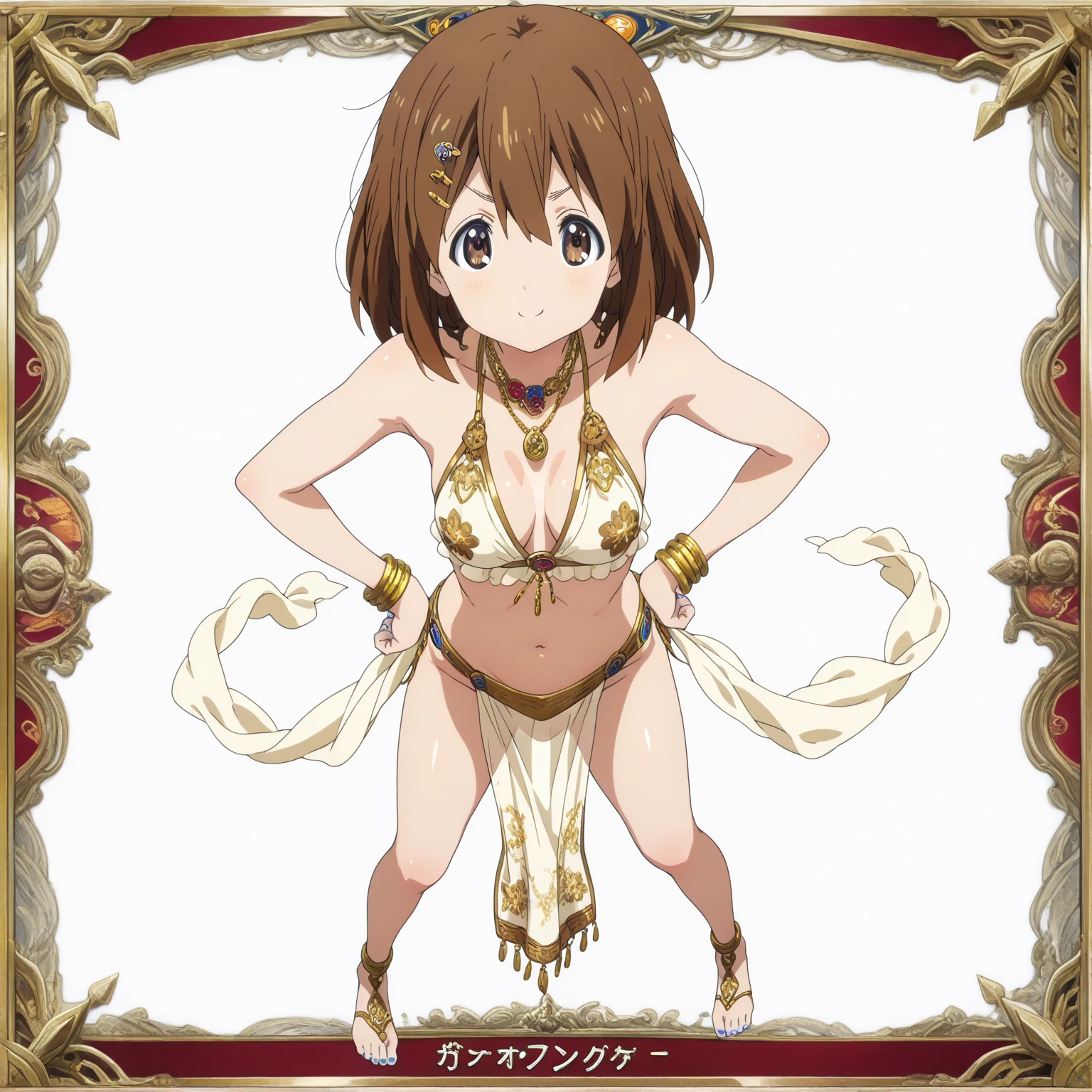 best quality, (masterpiece:1.2), detailed,
<lora:chara_SuiseiNoGargantia_Amy_v1:0.9>, amy sng,
1girl, solo, blush, smile, open mouth,
(dark skin:1.3), brown hair, short hair, aqua eyes, twin braids, medium breasts,
arabian clothes, gold trim, veil, tiara, shiny clothes, belly dancing, see-through sleeves, detached sleeves, bikini armor, feathers,
standing, looking at the viewer,
indoors