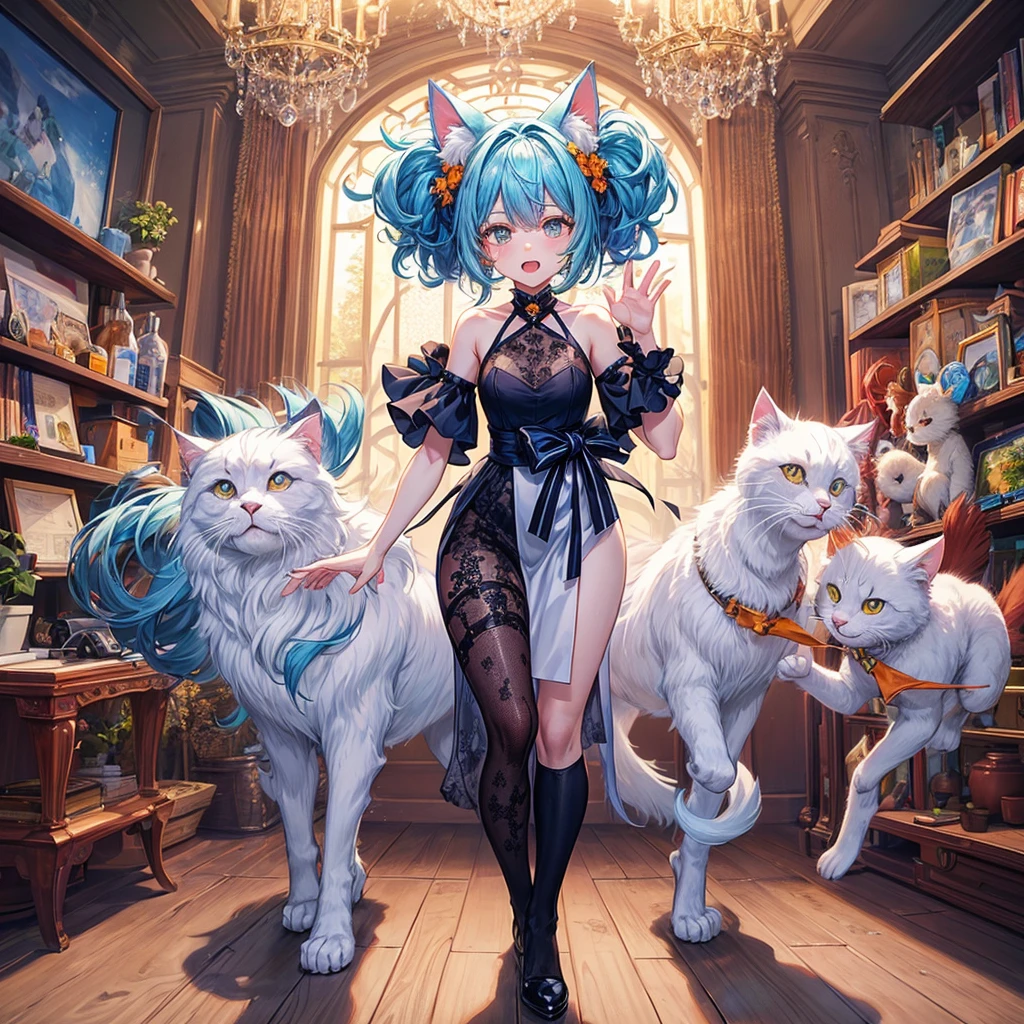 Inside a museum of modern art. A beautiful girl with super long blue hair is watching while holding a black kitten. Top quality, masterpiece, ultra-high definition, in anime style. --auto --s2