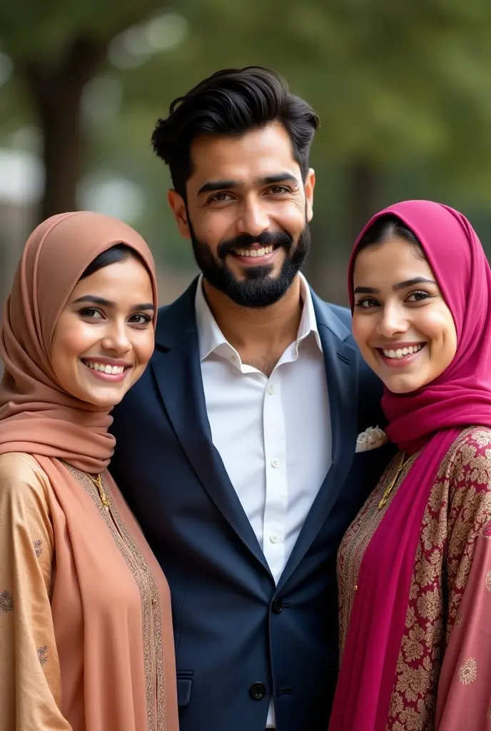 The picture depicts four people, three women and one indonesian man (face clean), all smiling and standing close to each other. The women wear headscarves of different colors—maroon, dark blue, and black—while the men wear white shirts (30 years old indonesia). They appear to be outdoors with greenery in the background, which suggests a warm, friendly, and supportive atmosphere. The group was brightly lit, and their smiles